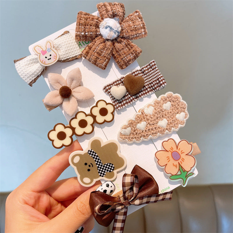 Wholesale Multi Piece Set Autumn and Winter Plush Hair Clip, Children's Coffee Color Cute Forehead Bangs Hair Clip